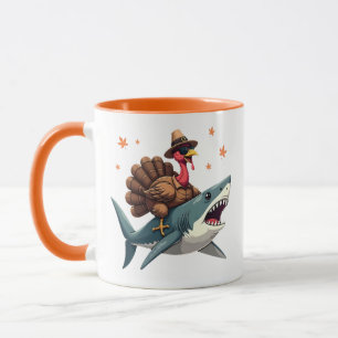 Caneca Peru montado em tubarão engraçado dia de ação de g