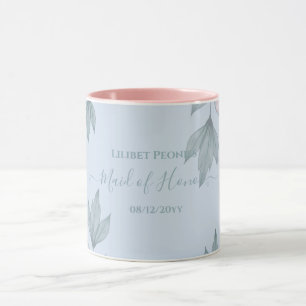 Caneca Pêssego Floral Dusty Blue Sage Casamento Folha