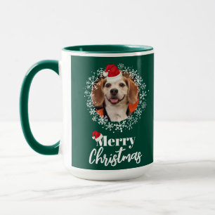 Caneca Pet Photo Red Santa Hat Snowflakes Natal Verde Nat