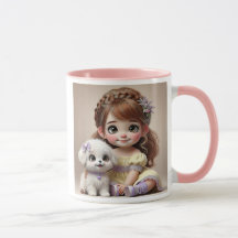 Petite fille au bandeau fleuri et son chiot blanc.