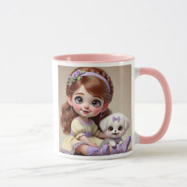 Caneca Petite fille au bandeau fleuri et son chiot blanc.