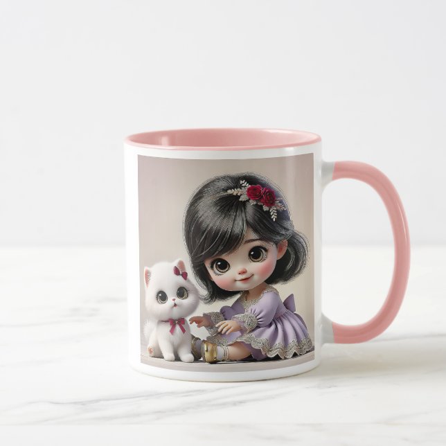 Caneca Petite fille en robe violette et son chat blanc . (Direita)