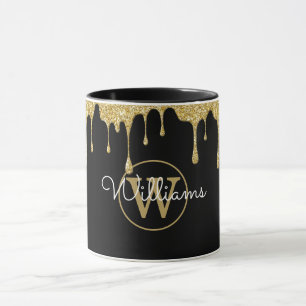 Caneca Pingo de Glitter Dourado Monograma Script Preto