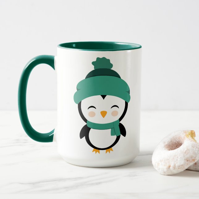 Caneca Pinguim bonitinho vestido para o Natal (Com Donut)