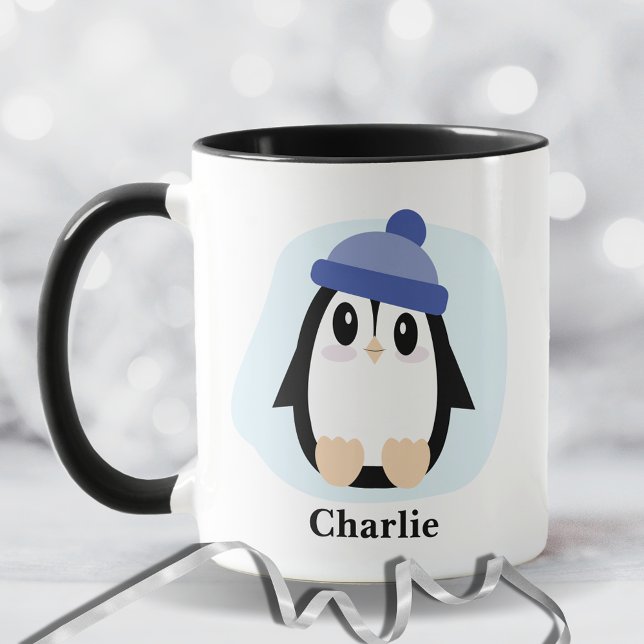 Caneca Pinguim bonito com Natal de Chapéu Azul (Criador carregado)