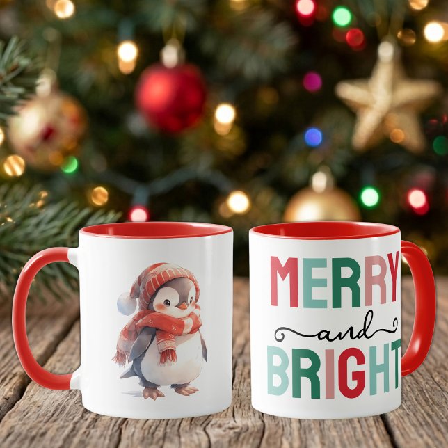 Caneca Pinguim fofo natal alegre e brilhante (Criador carregado)