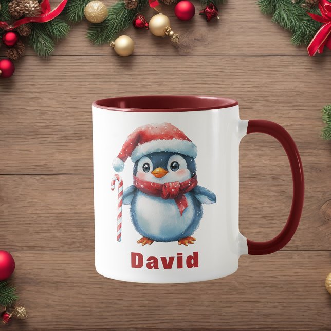 Caneca Pinguim Personalizado com Nome Personalizado Candy (Personalized Penguin with Candy Cane Custom Name Mug
)