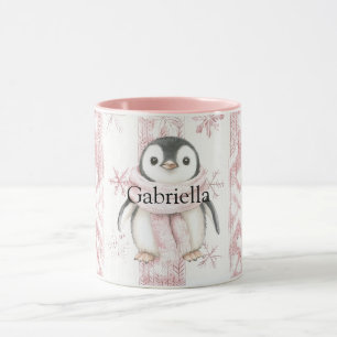Caneca Pinguim Rosa Flocos de Neve Natal