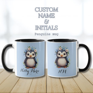 Caneca Pinguins de Cubo Azul Nome Personalizado e Iniciai