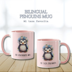 Caneca Pinguins de Cubo Rosa Texto Bilíngue Personalizado