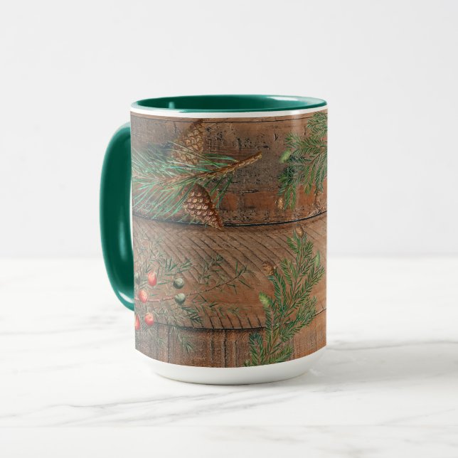 Caneca Pinheiros Coníferas Rústicas de Natal em Madeira (Frente Esquerda)
