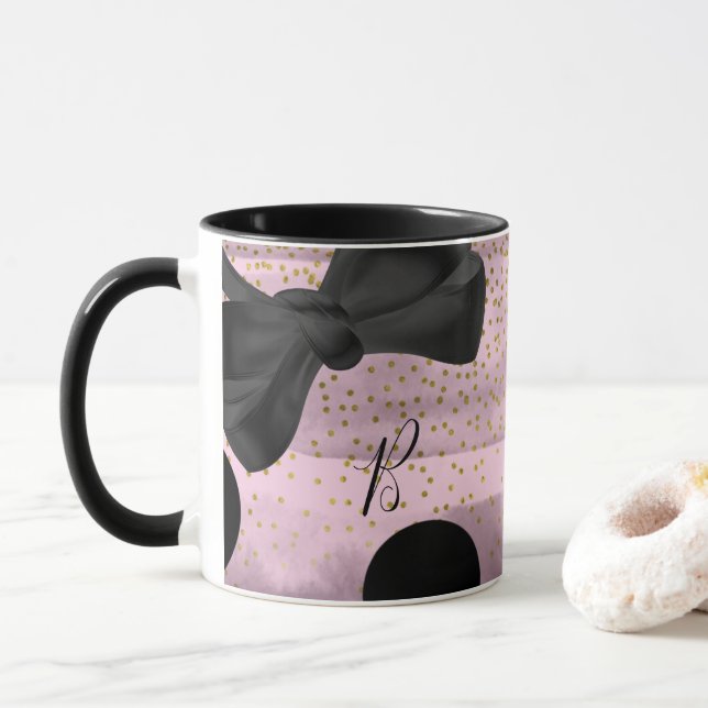 Caneca Pink & Black Gold Pontos Polka Chic Bow Glam Moda (Com Donut)
