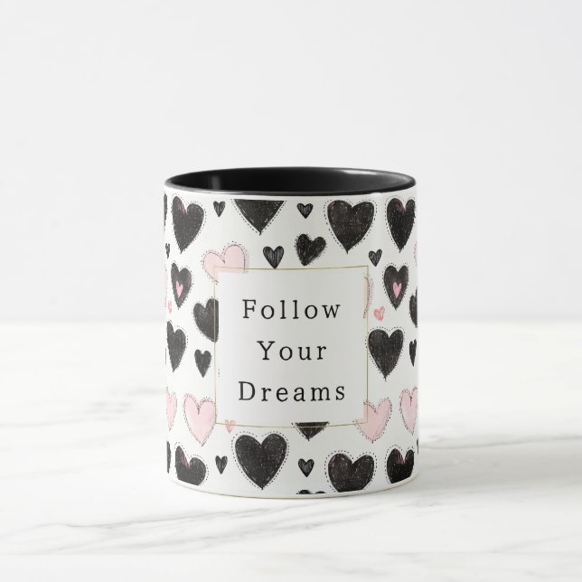 Caneca Pink Black Hearts Siga seus sonhos (Centro)