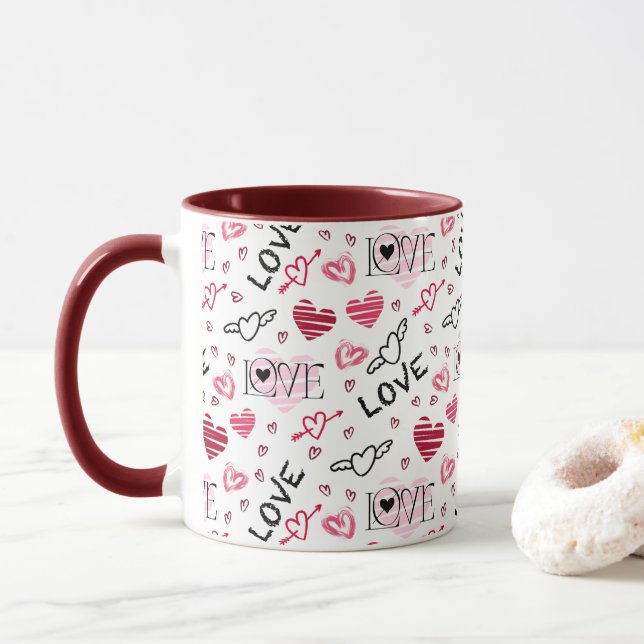 Caneca Pink Black Marroon Hearts Love Pattern (Com Donut)