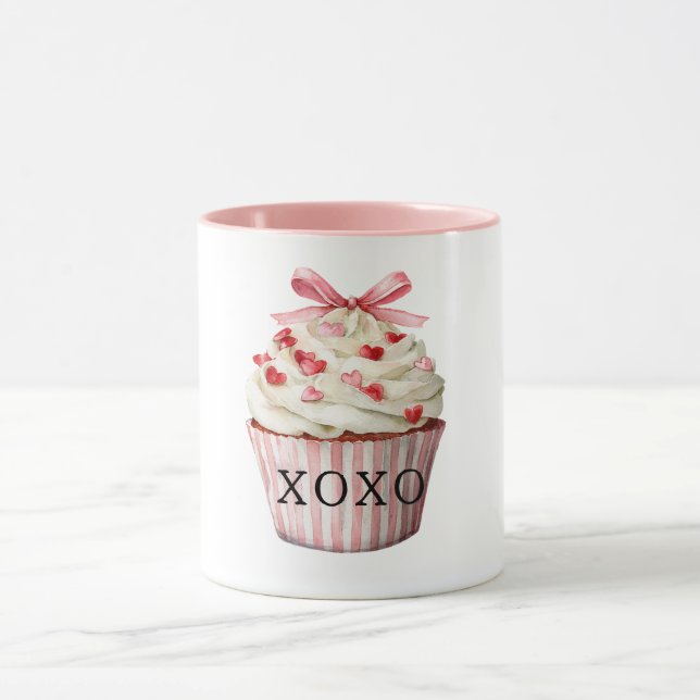 Caneca Pink Bow Red Hearts Cupcake Birthday (Centro)