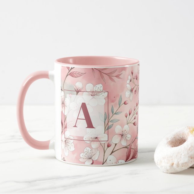 Caneca Pink cherry blossom monogram (Com Donut)