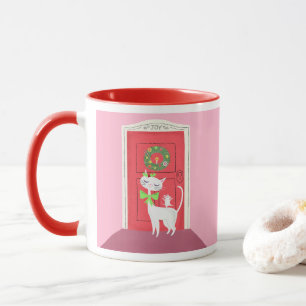 Caneca Pink de gato branco e rato retrátil de Natal