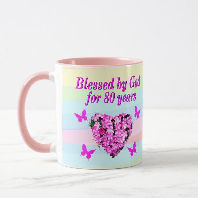 CANECA PINK FLORAL 80 DE ANIVERSÁRIO DEUS BÊNÇOOS MUG (Esquerda)