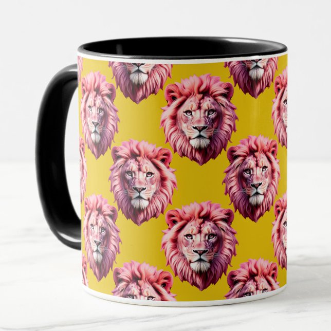 Caneca Pink Lion Head Animal Pattern Design Yellow  (Criador carregado)