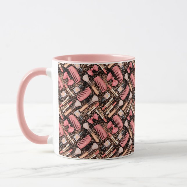 Caneca Pink Makeup Cosmetics Pattern Glitter  (Esquerda)