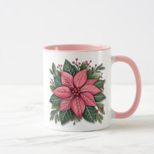 Caneca Pink Poinsettia Pata de Natal com Folhagem Festiva