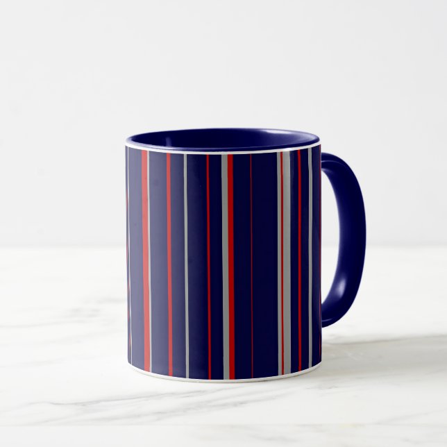 Caneca Pinstripes, cores vermelhas, marinho, cinzas (Frente Esquerda)