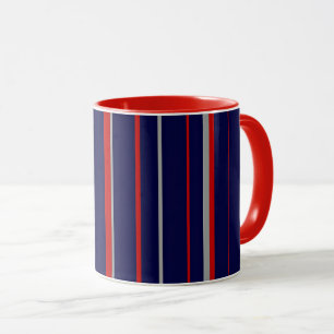 Caneca Pinstripes, cores vermelhas, marinho, cinzas