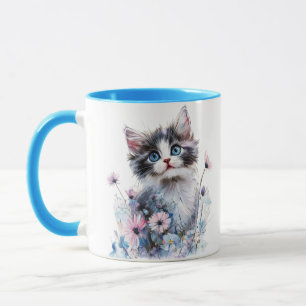 Caneca Pintada com Gatinho Fofo em Flores