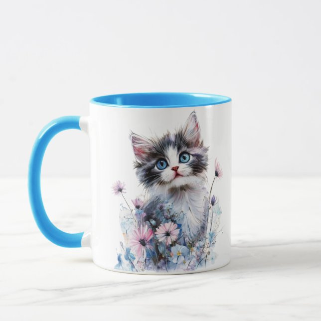 Caneca Pintada com Gatinho Fofo em Flores (Esquerda)