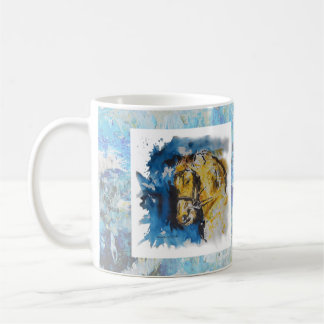 Caneca pintura "Cavalo" com fundo em manchas azuis