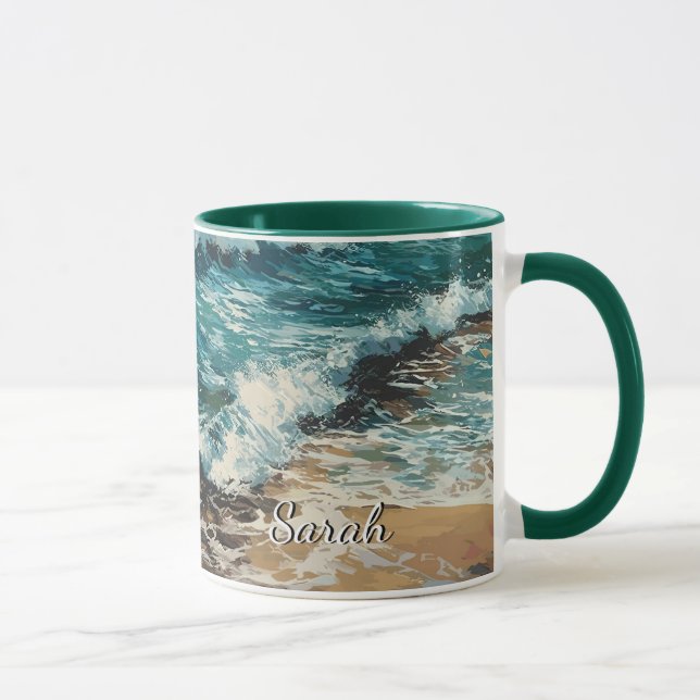 Caneca Pintura de Areia e Ondas de Praia Personalizadas (Direita)