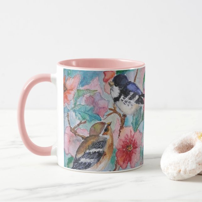 Caneca Pintura de Mug com Pássaros Primavera de Sparrows (Com Donut)