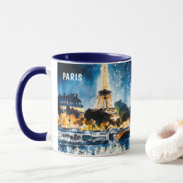 Caneca Pintura em Aquarela de Paris à Noite Vista #1