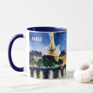 Caneca Pintura em Aquarela de Paris à Noite Vista #3