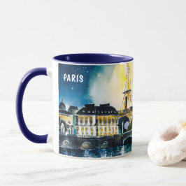 Caneca Pintura em Aquarela de Paris à Noite Vistas #2