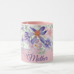 Caneca Pintura em aquarela floral rosa e roxa personalizá