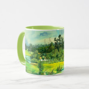 Caneca pintura em vale verde Watercolor