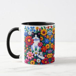 Caneca Pixel Art Cat, Kitten e Flores