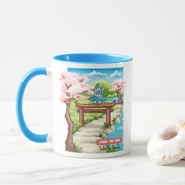 Caneca Pixel Art de Flor de Cerejeira Japonesa (Com Donut)