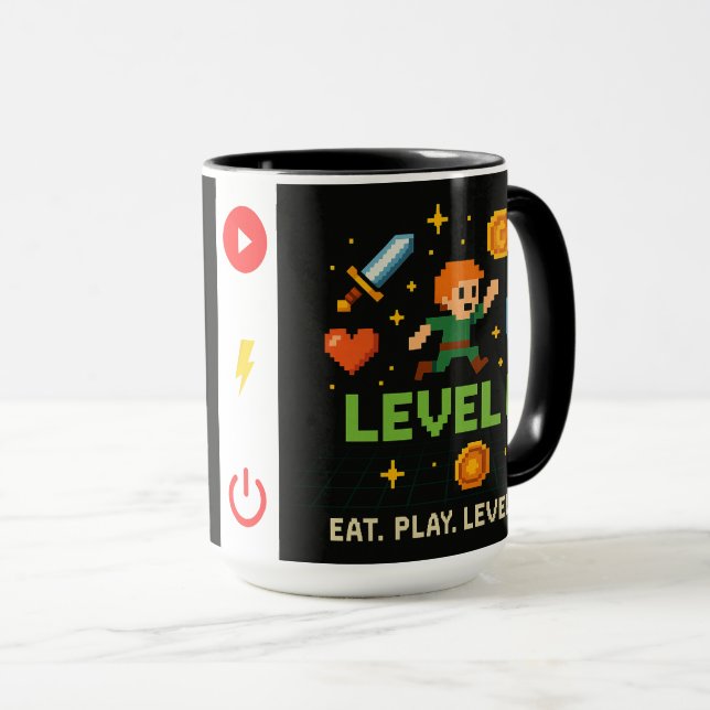 Caneca Pixel Gamer – Estilo Retro de Jogos Level U (Frente Esquerda)