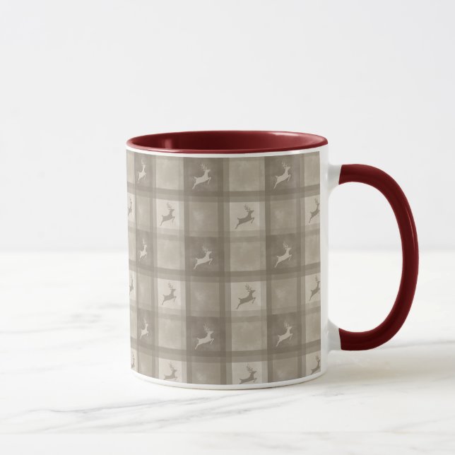 Caneca Plaid Bege com padrão de rena em aquarela Natal (Direita)