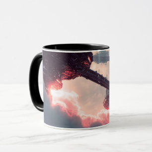 Caneca Plataformas futuristas nas nuvens ao crepúsculo