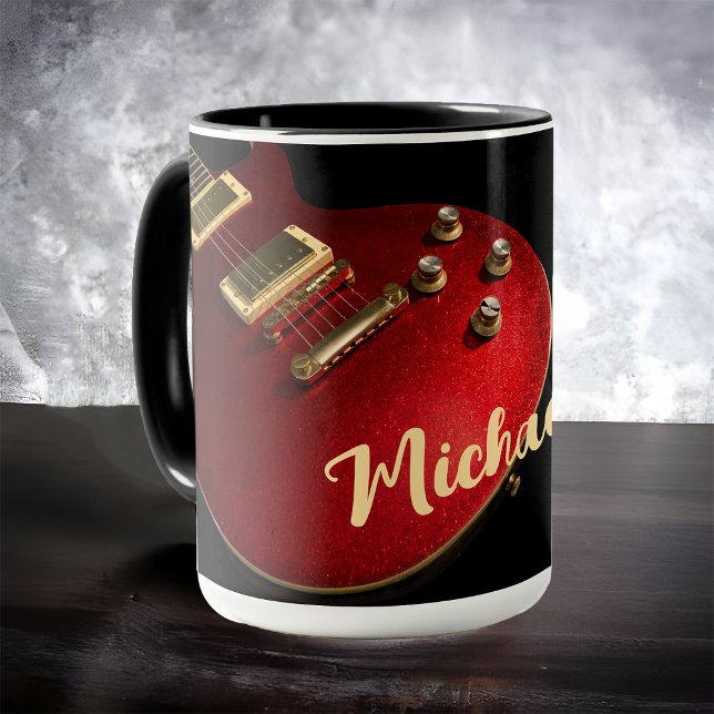 Caneca Player de guitarra - Rock Music Name Red Black (Criador carregado)