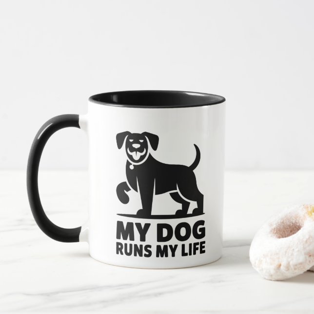 Caneca Playful Dog Outline "My Dog Runs My Life" Art (Com Donut)
