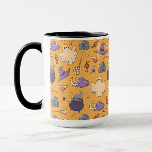 Caneca Playful Halloween Ghosts and Witches Patterno (Esquerda)