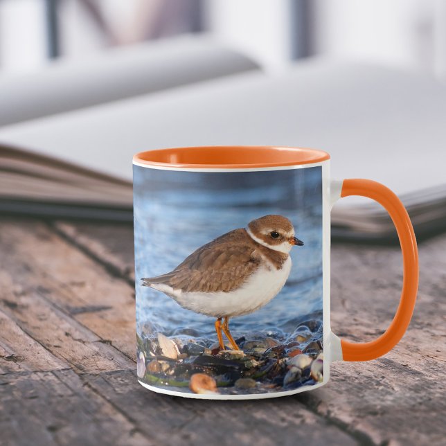 Caneca Plover Shorebird Semipalmado atordoante na praia (Stunning Semipalmated Plover on the Beach 11 oz Coffee Mug Cover Photo.)