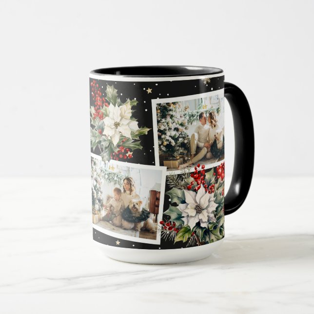 Caneca Poinsettia Holly Berries Foto Preta Natal (Frente Esquerda)