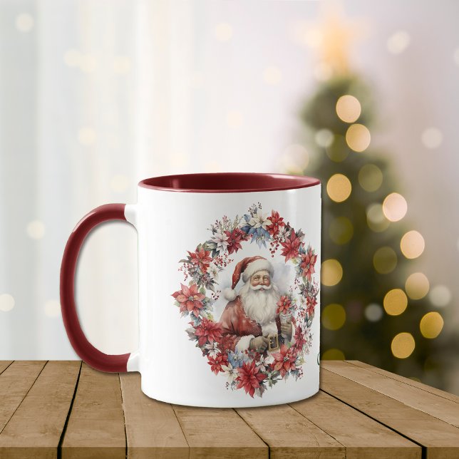 Caneca Poinsettia Wreath Papai Noel Natal (Criador carregado)