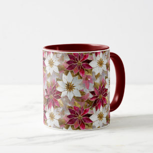 Caneca Poinsettias de Natal Rosa Douradas Brancas
