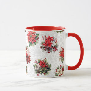Caneca Poinsettias e Damask de Natal Elegante
